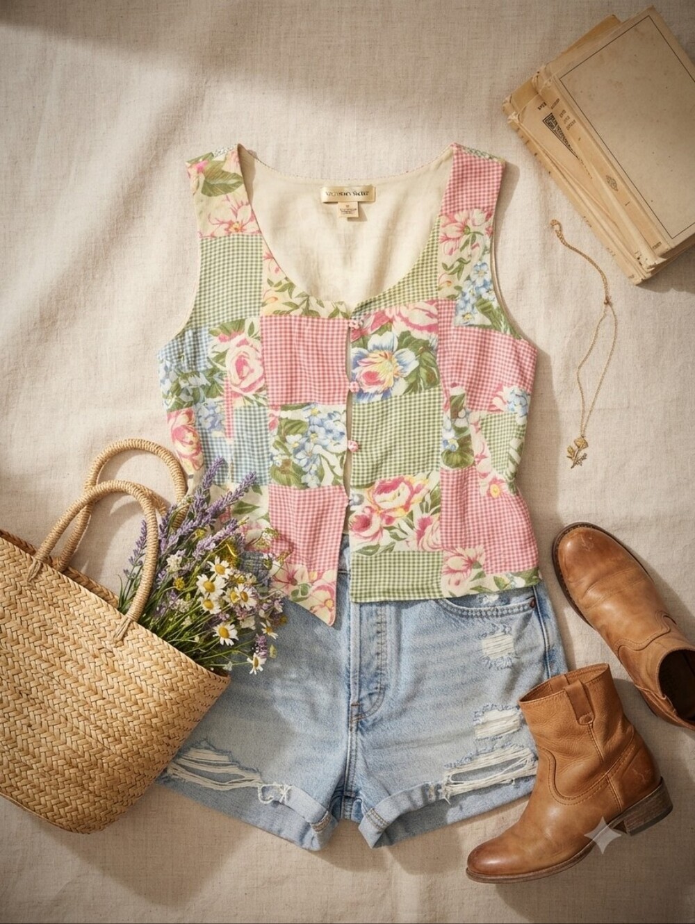 Vintage Victoria's Secret Cotton Floral Gingham Patchwork Tank Top
